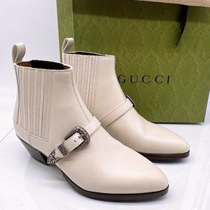 Gucci Zahara Womens Leather Chelsea Ankle Boots Engraved Buckle White EU 38.5